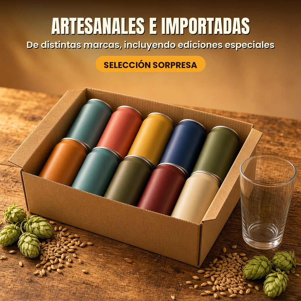 Caja del Club de la Cerveza con cervezas artesanales e importadas de distintas marcas y un vaso
