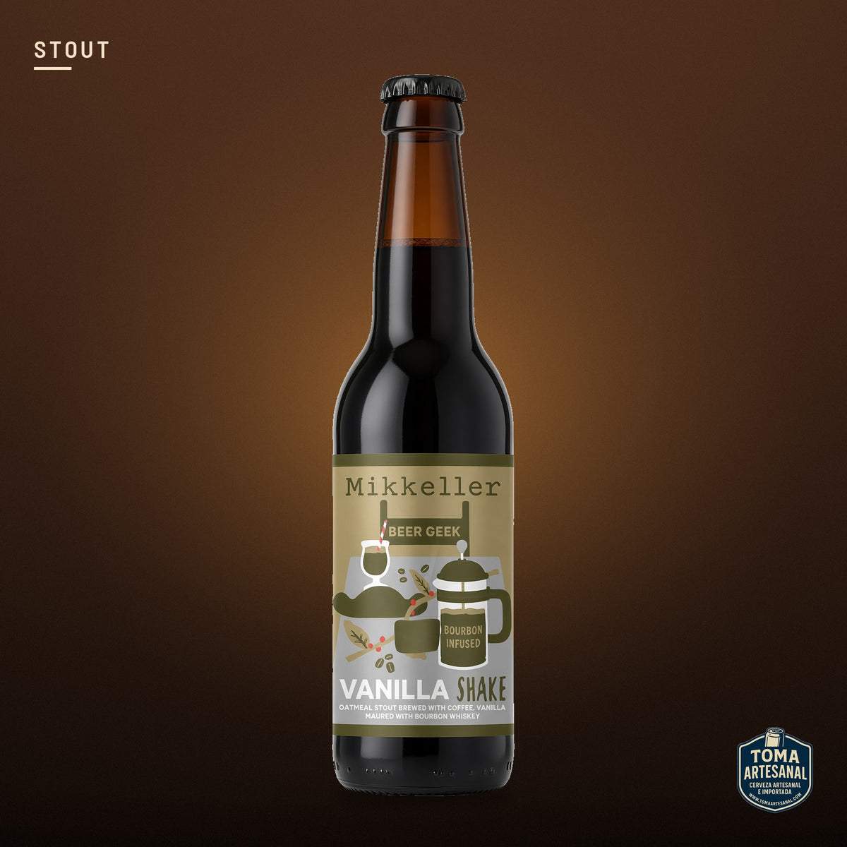 Cerveza Mikkeller - Beer Geek Vanilla Shake Whiskey – Oatmeal Stout Brewed with Coffee, Vanilla Maured with Bourbon Whiskey | Toma Artesanal