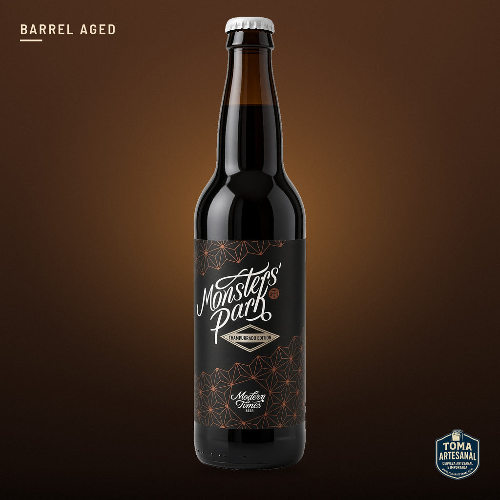 Cerveza Modern Times - Monsters' Park Aged In Rye Barrels: Champurrado Edition – Rye Barrels Aged Imperial Stout, with Mexican Vanilla, Mexican Cocoa Nibs, Piloncillo (unrefined Mexican Sugar), & a Touch of Cinnamon | Toma Artesanal