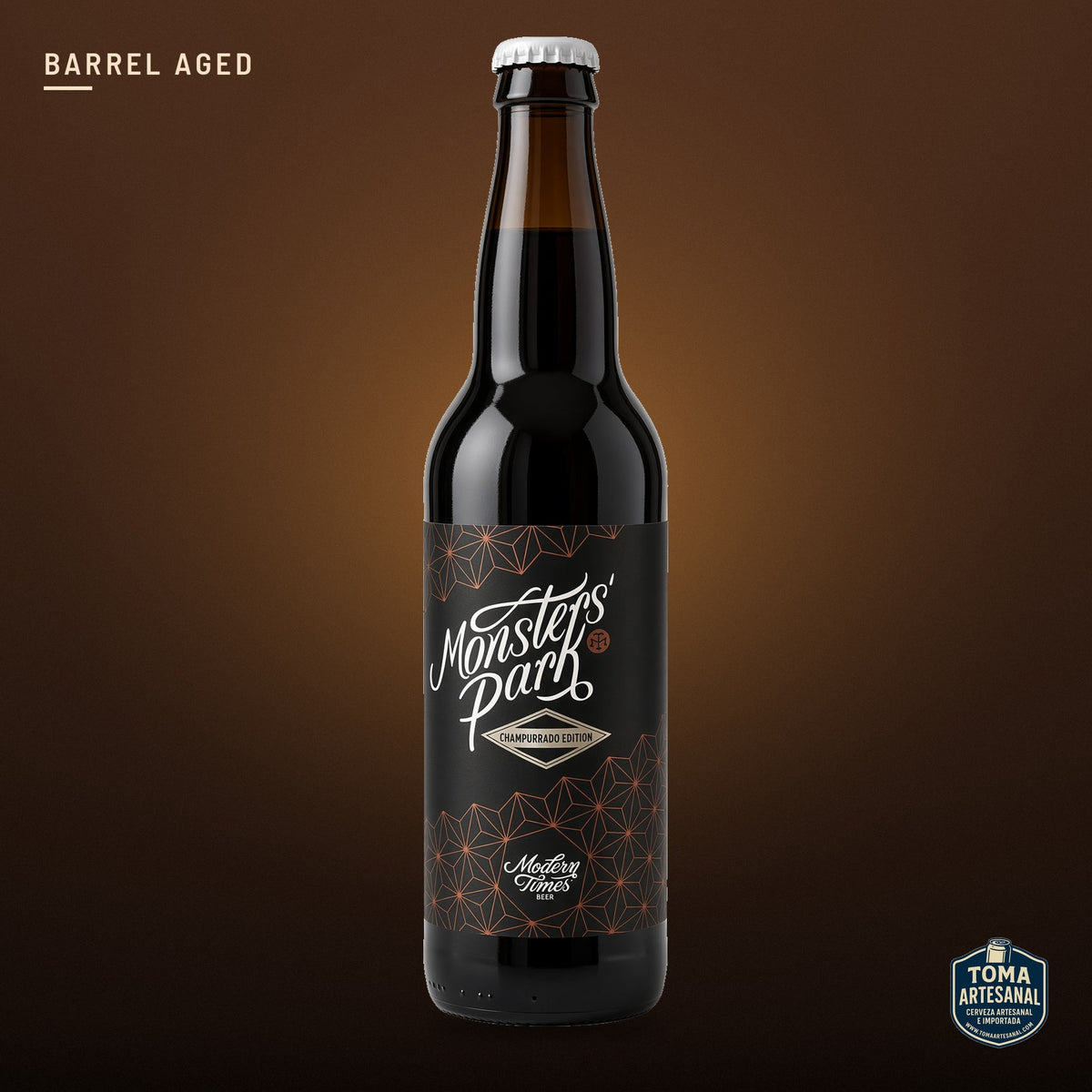 Cerveza Modern Times - Monsters' Park Aged In Rye Barrels: Champurrado Edition – Rye Barrels Aged Imperial Stout, with Mexican Vanilla, Mexican Cocoa Nibs, Piloncillo (unrefined Mexican Sugar), & a Touch of Cinnamon | Toma Artesanal