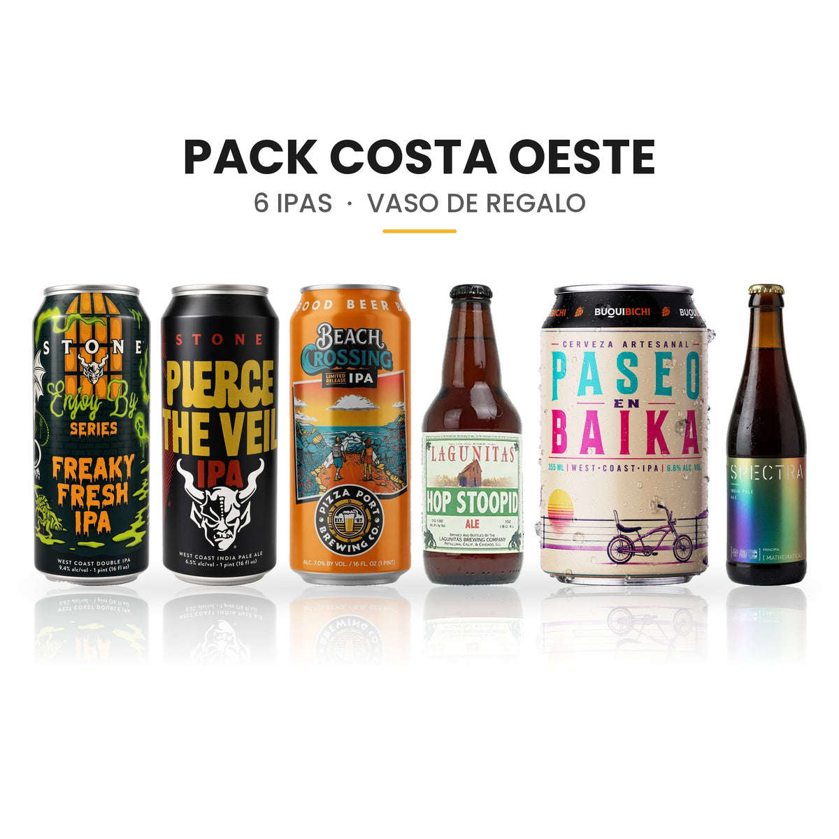 Pack Costa Oeste: 6 cervezas y vaso de regalo