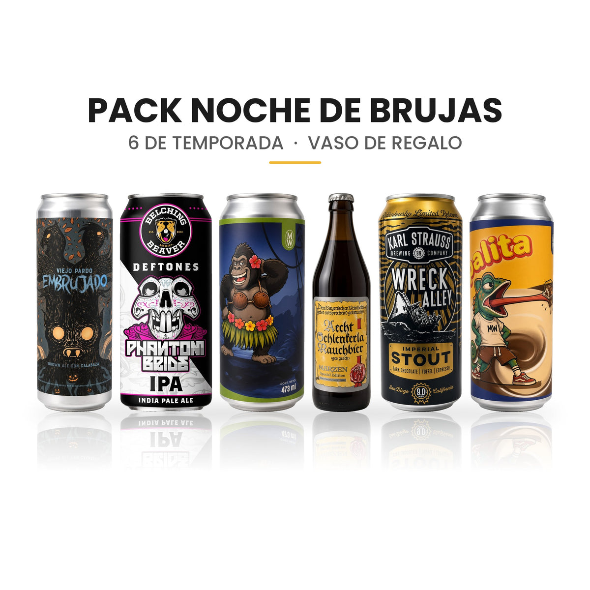 Pack Noche de Brujas: 6 cervezas y vaso de regalo