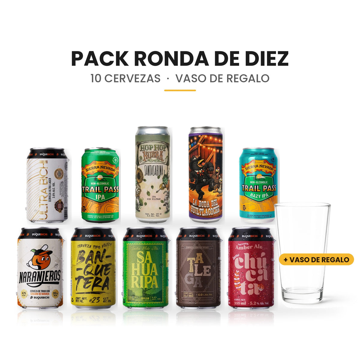 Pack Ronda de Diez: 10 cervezas y vaso de regalo