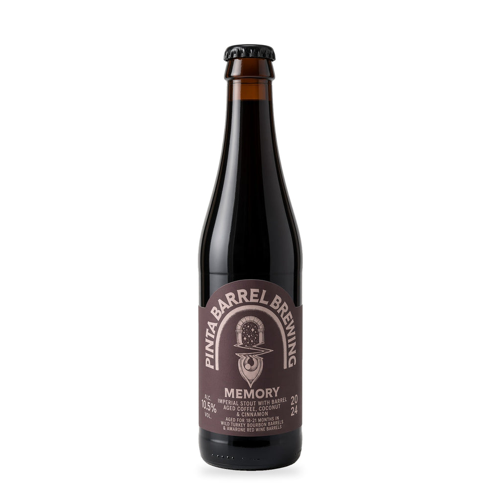 Cerveza PINTA Barrel - Memory - Imperial Stout with Barrel Aged Coffee, Coconut &amp; Cinnamon. Aged for 18-21 months in Wild Turkey Bourbon Barrels &amp; Amarone Red Wine Barrels.