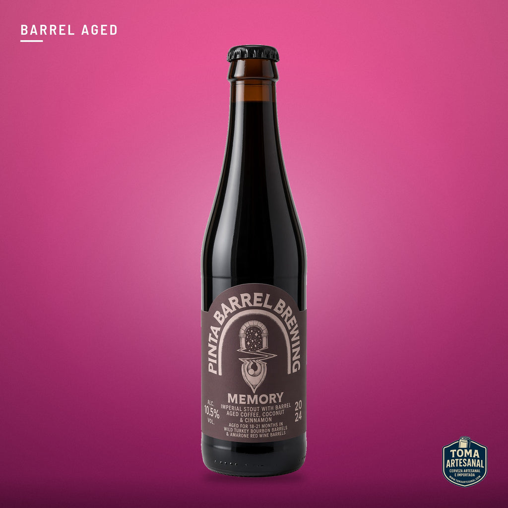 Cerveza PINTA Barrel - Memory – Imperial Stout with Barrel Aged Coffee, Coconut &amp; Cinnamon. Aged for 18-21 months in Wild Turkey Bourbon Barrels &amp; Amarone Red Wine Barrels. | Toma Artesanal
